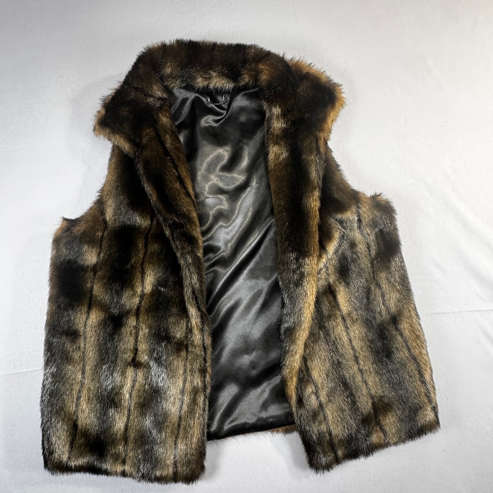 Vintage Style Faux Fur Vest S Brown Stripe Mob Wife Glam Goth Grunge Indie